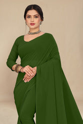 georgette weightless olive green saree with grain texture