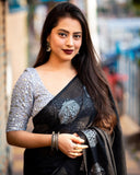 Linen Silver zari saree with heavy Brouch Design