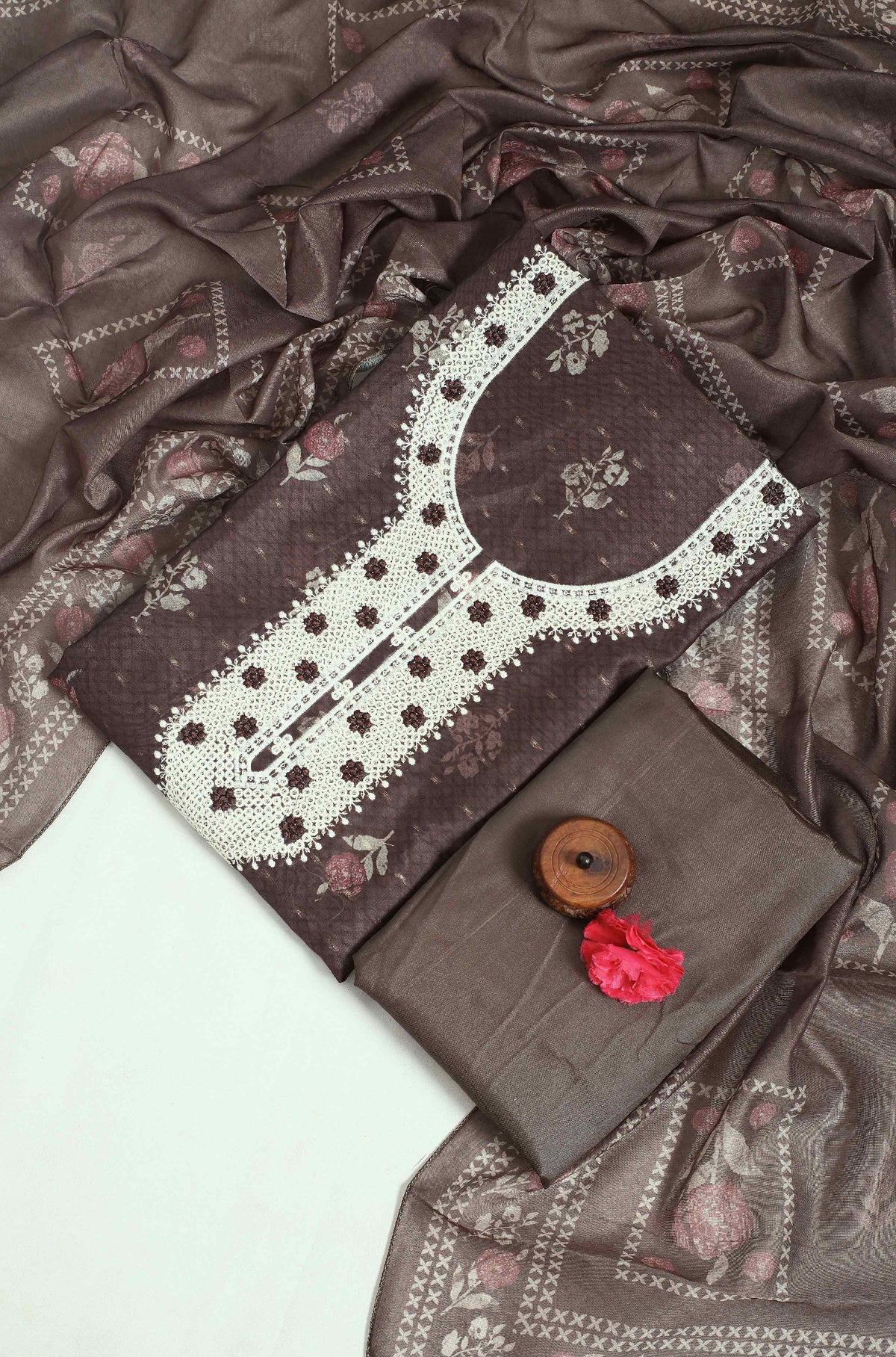 Brown Modal Embroidery Unstitched Salwar Suit With Chanderi Dupatta