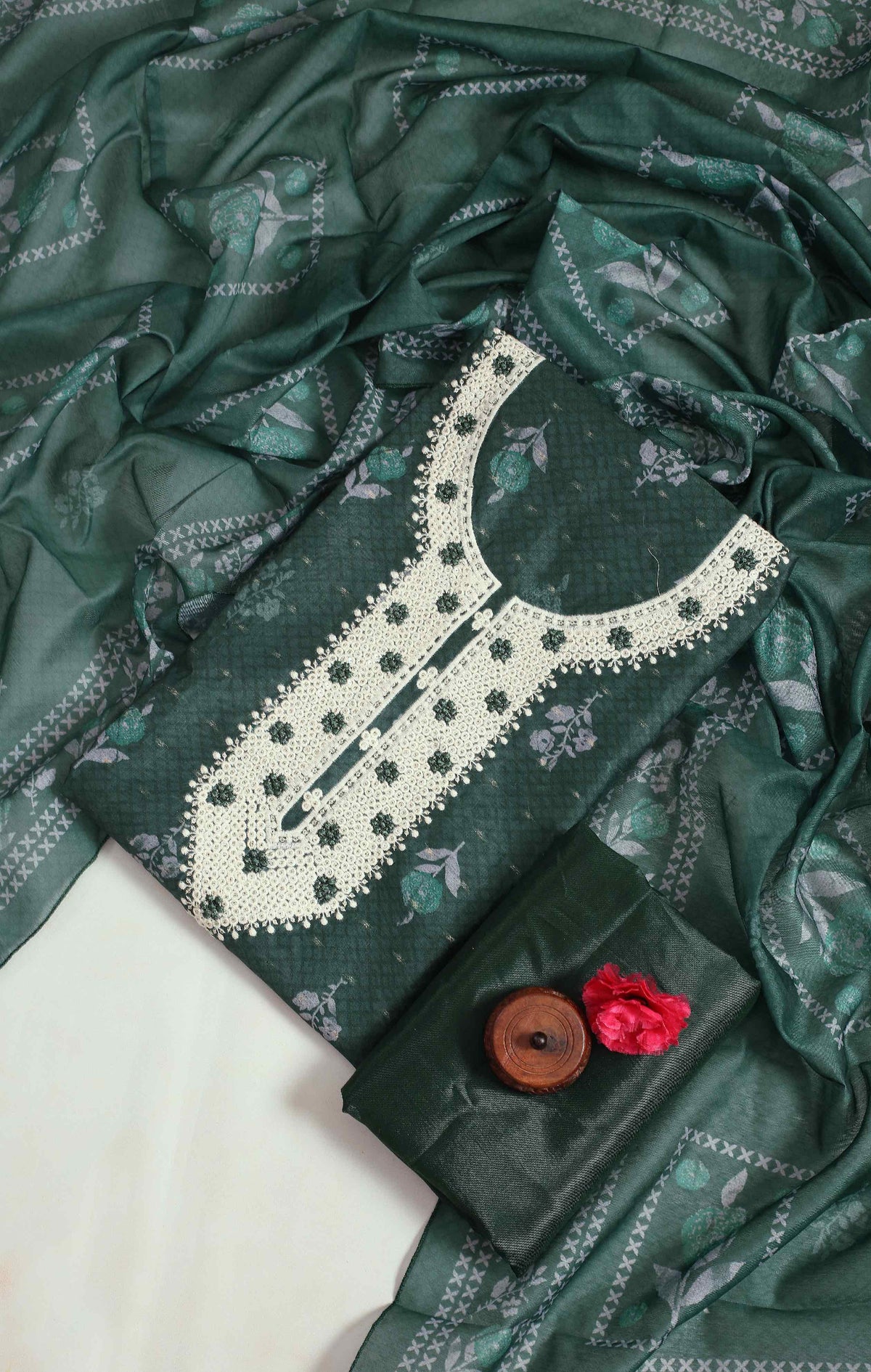 Bottle Green Modal Embroidery Unstitched Salwar Suit With Chanderi Dupatta