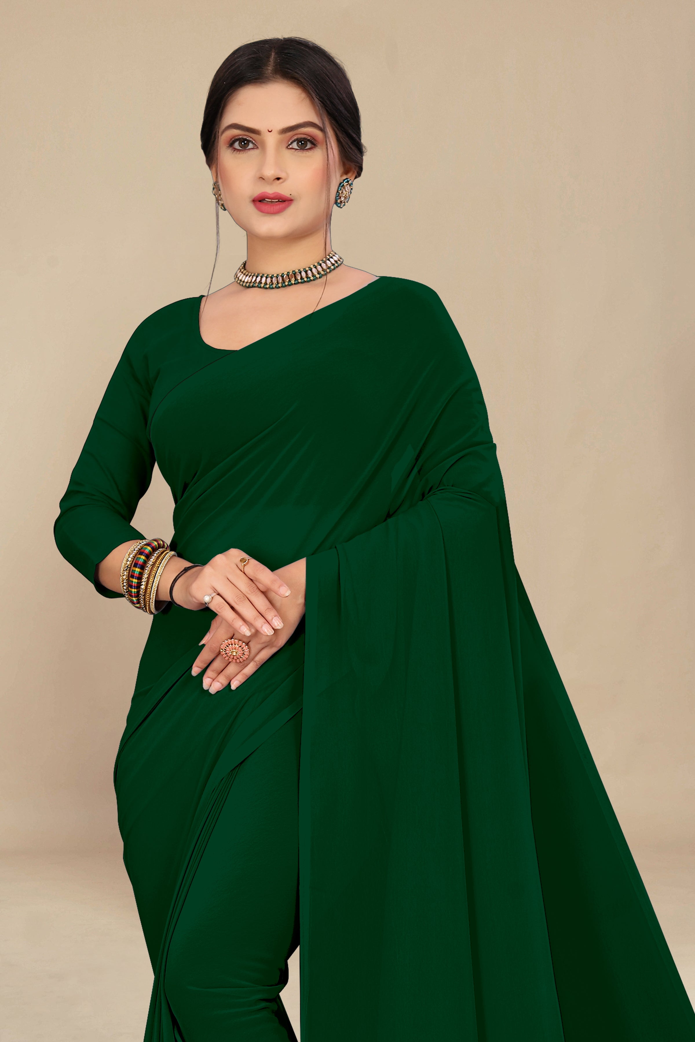 Georgette Weightless Bottle Green Saree With Grain Texture