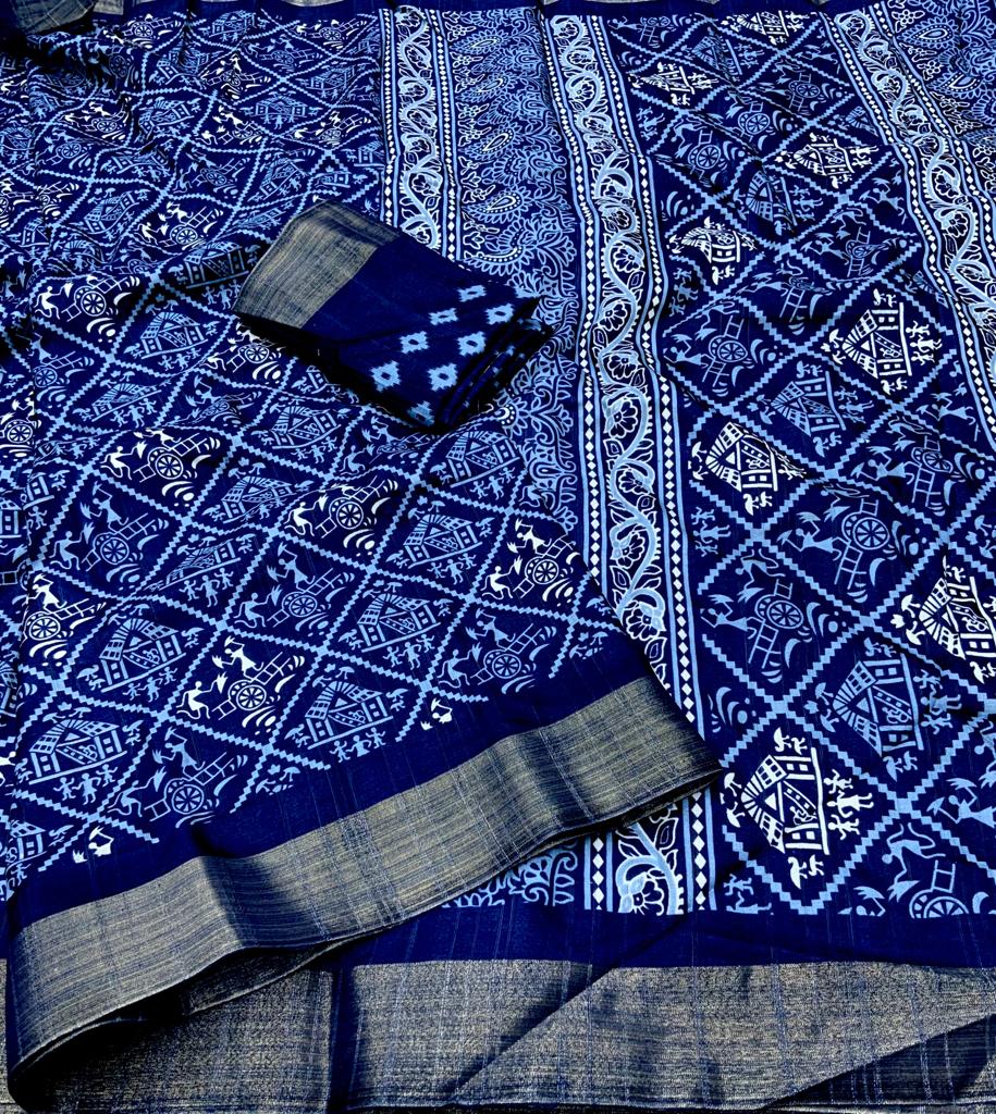 Indigo Batik Print Slub Silk Saree