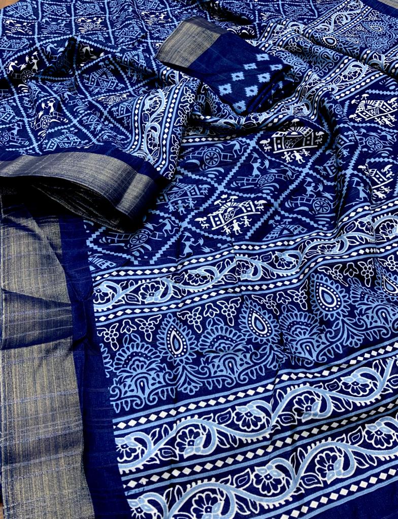 Indigo Batik Print Slub Silk Saree