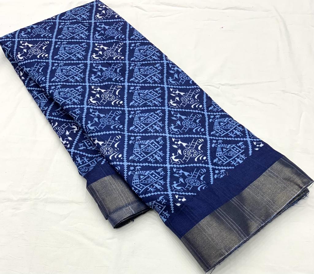 Indigo Batik Print Slub Silk Saree