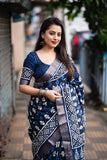 Indigo Batik Print Slub Silk Saree