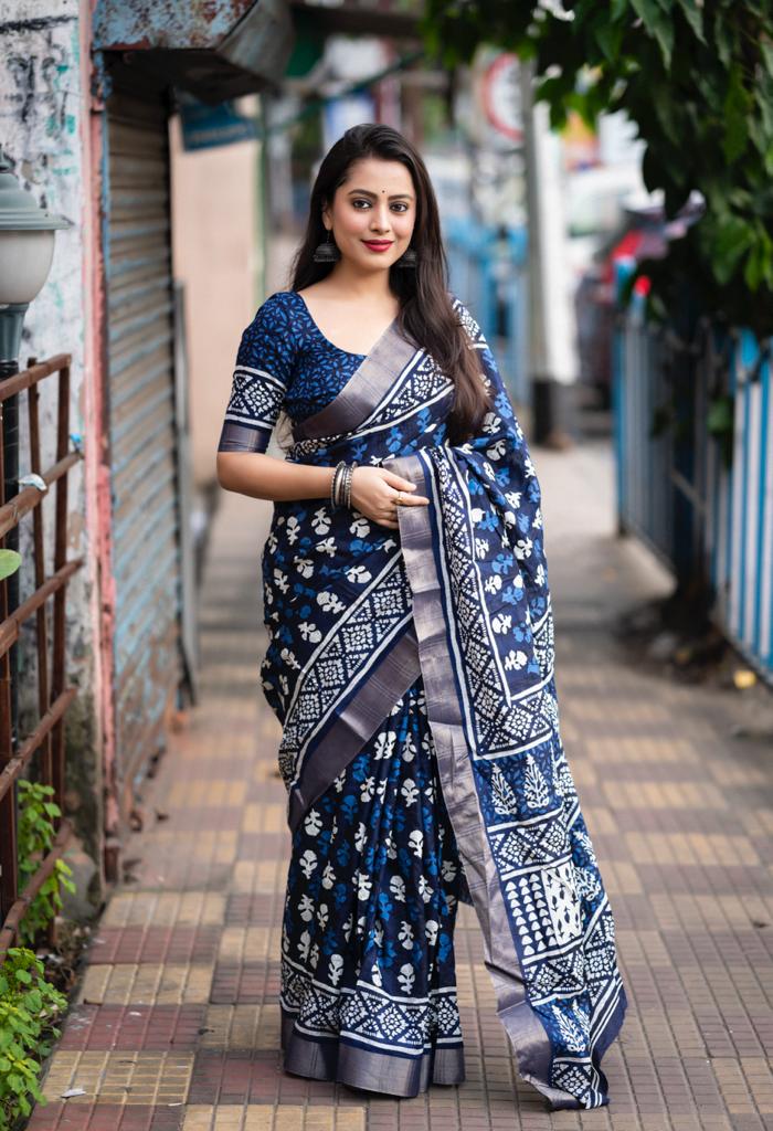 Indigo Batik Print Slub Silk Saree