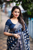 Indigo Batik Print Slub Silk Saree