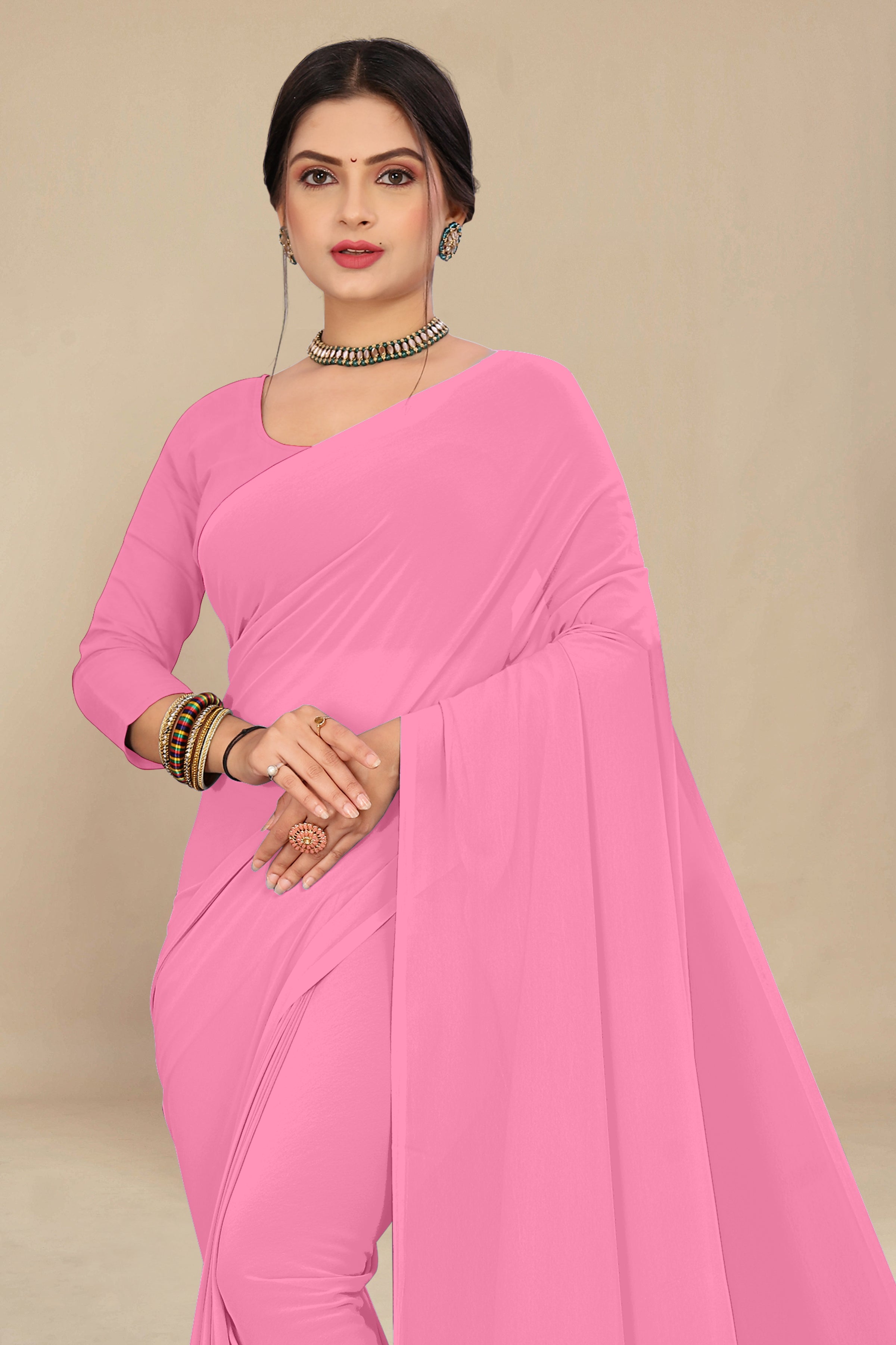 georgette weightless baby pink   saree with grain texture