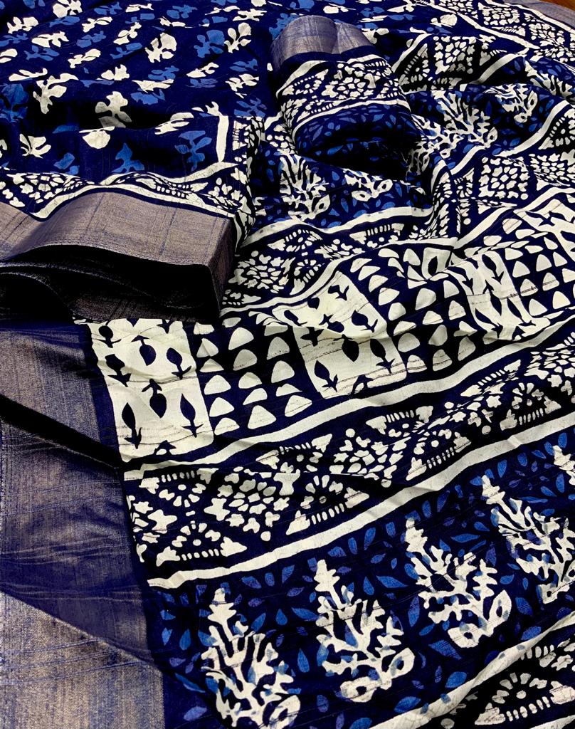 Indigo Batik Print Slub Silk Saree