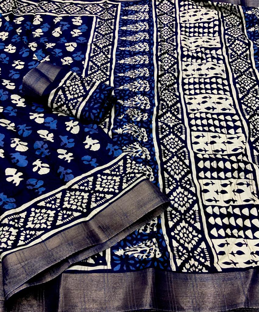 Indigo Batik Print Slub Silk Saree