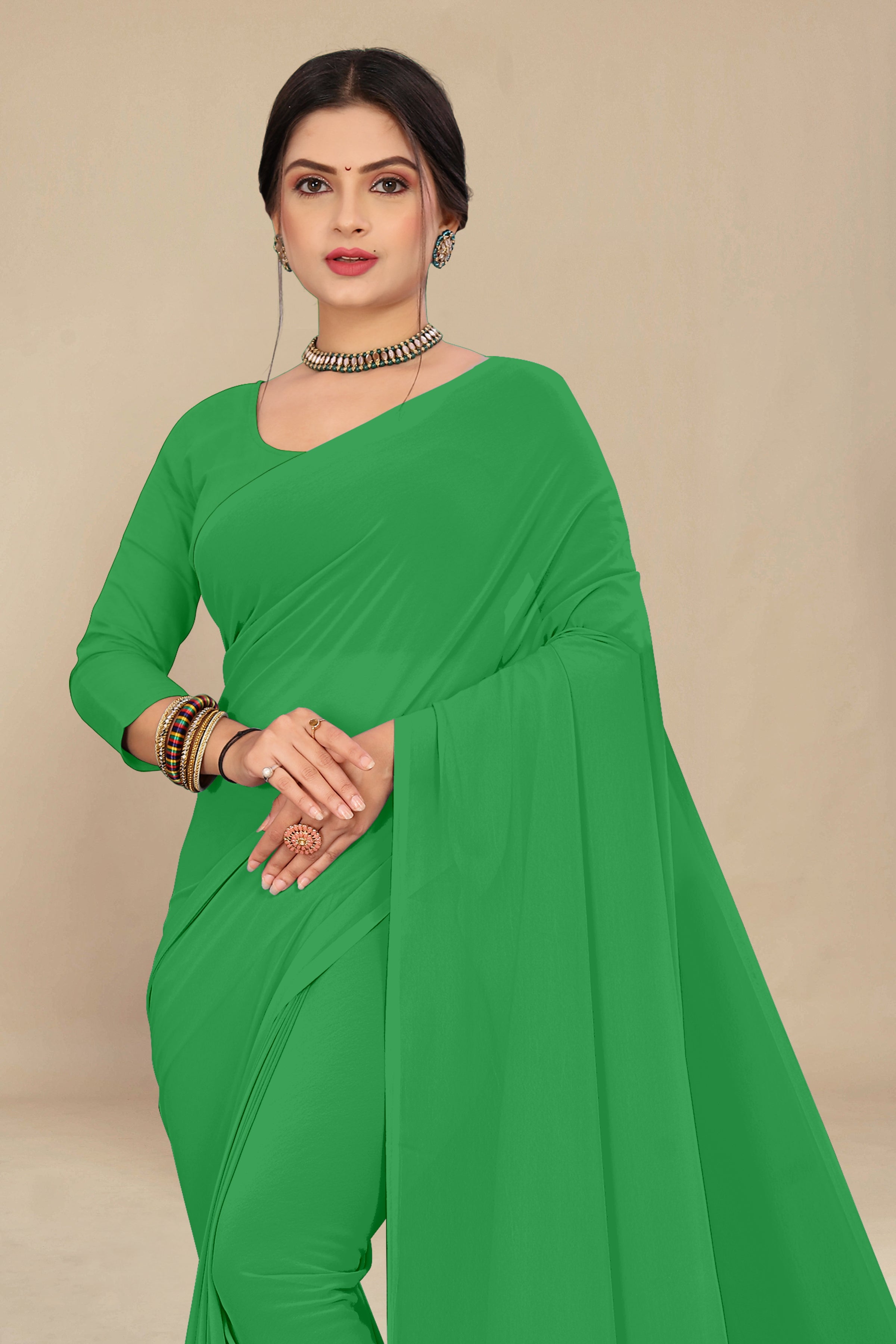 georgette weightless parrot green saree with grain texture