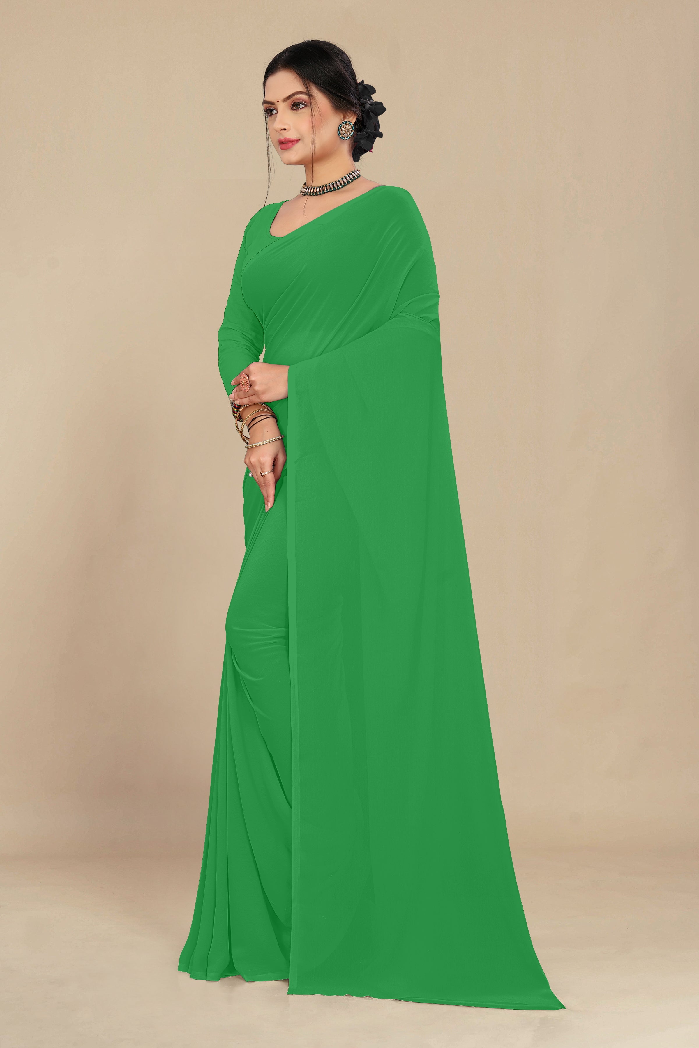 georgette weightless parrot green saree with grain texture