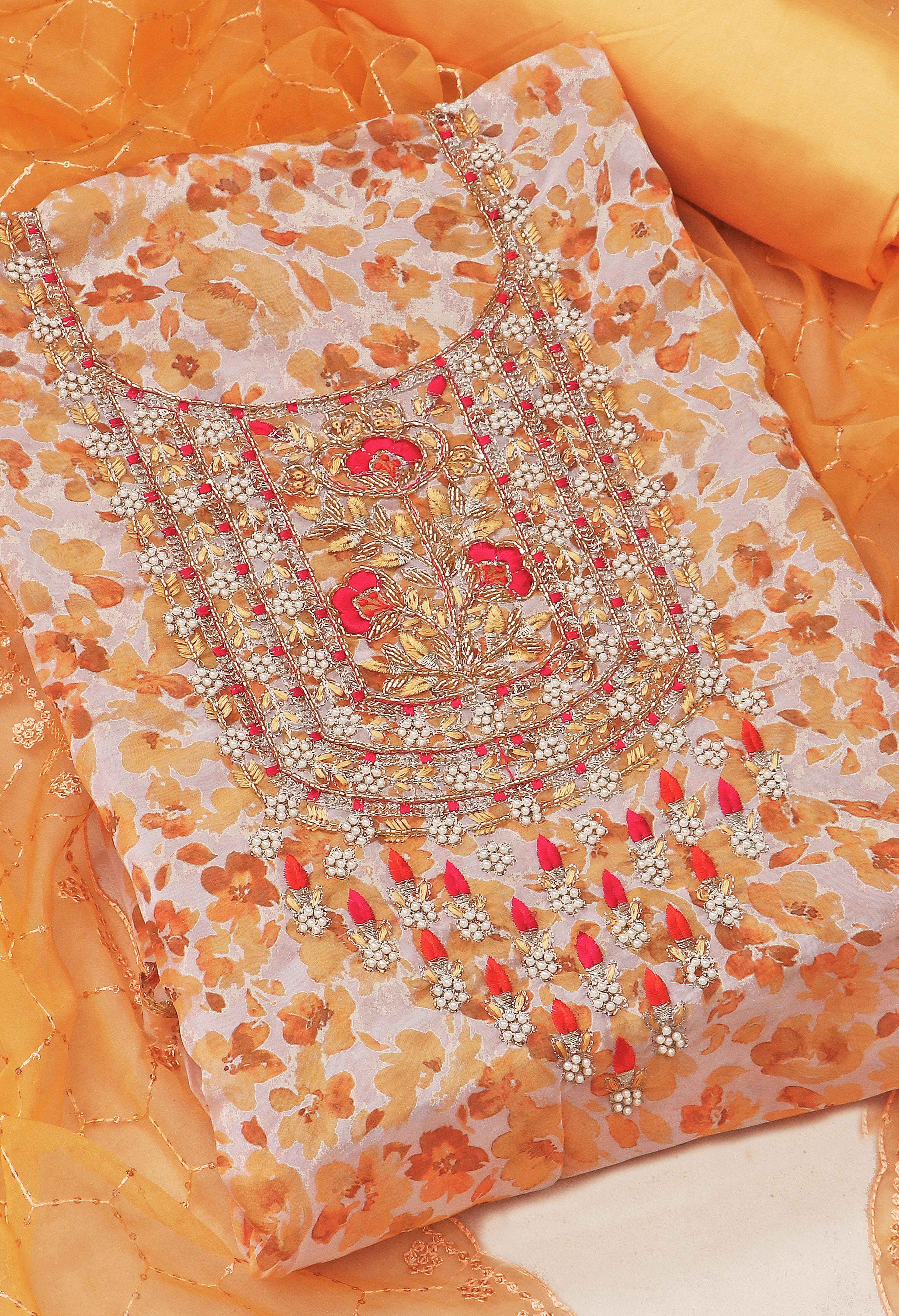 Orange Organza Embroidery Unstitched Salwar Suit With Organza Dupatta