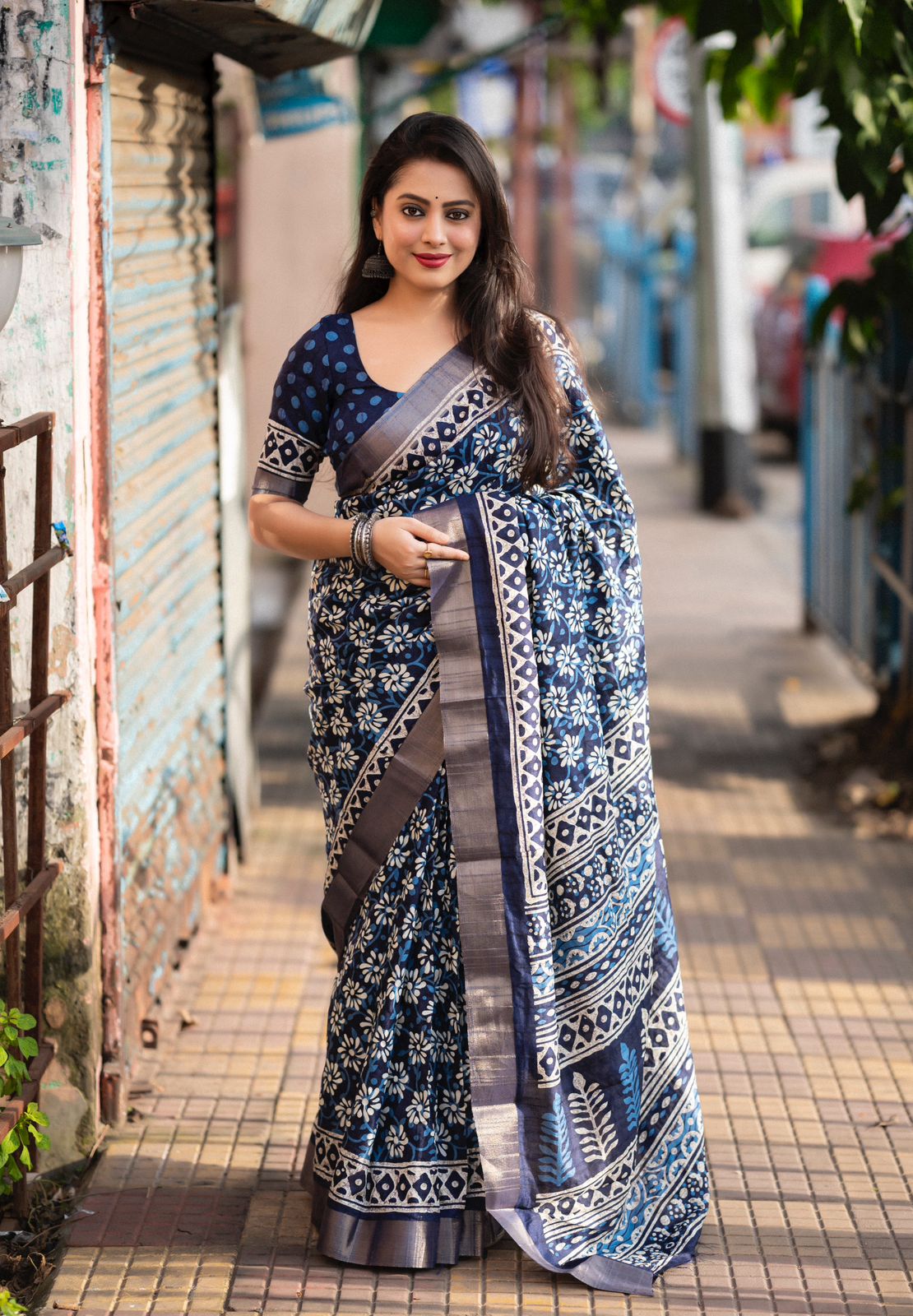 Indigo Batik Print Slub Silk Saree