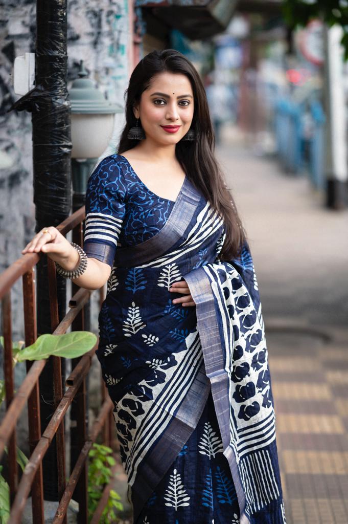 Indigo Batik Print Slub Silk Saree