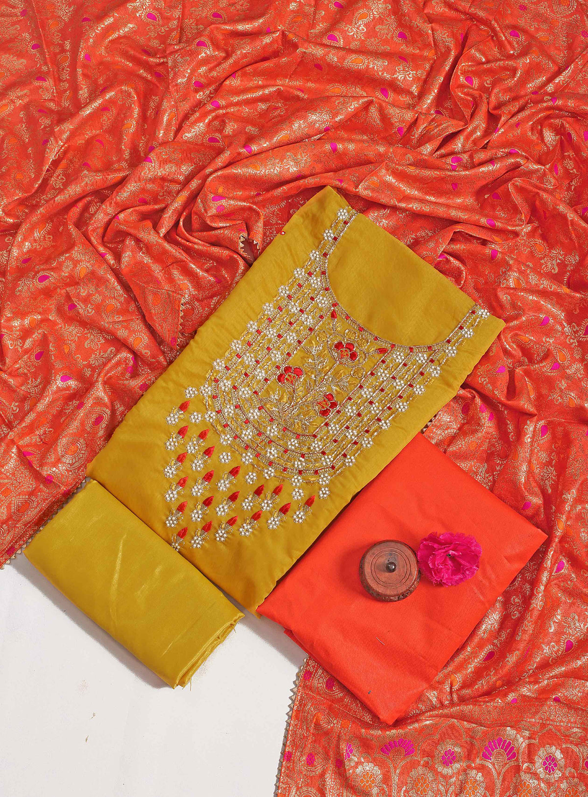 Yellow Modal Unstitched Salwar Suit With Chanderi Jacquard Dupatta