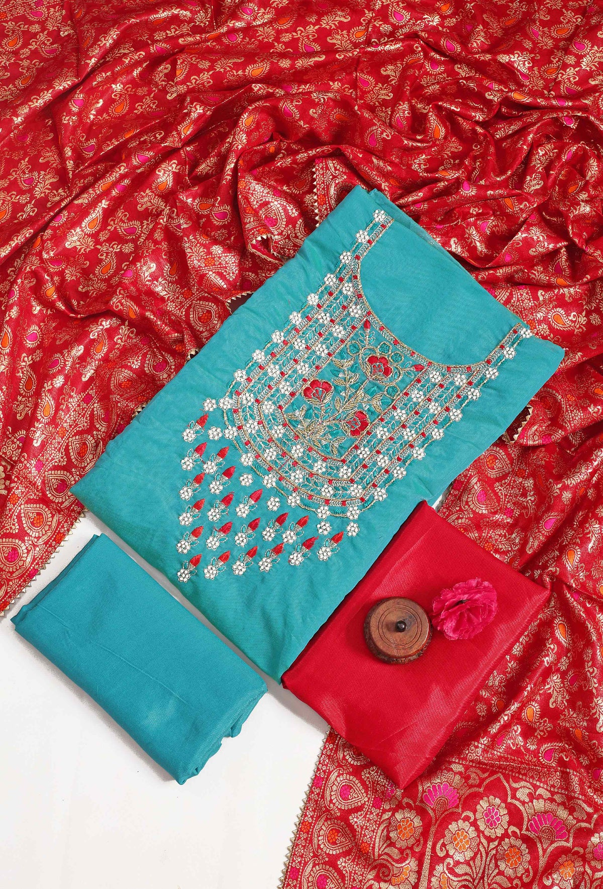 Blue Modal Unstitched Salwar Suit With Chanderi Jacquard Dupatta