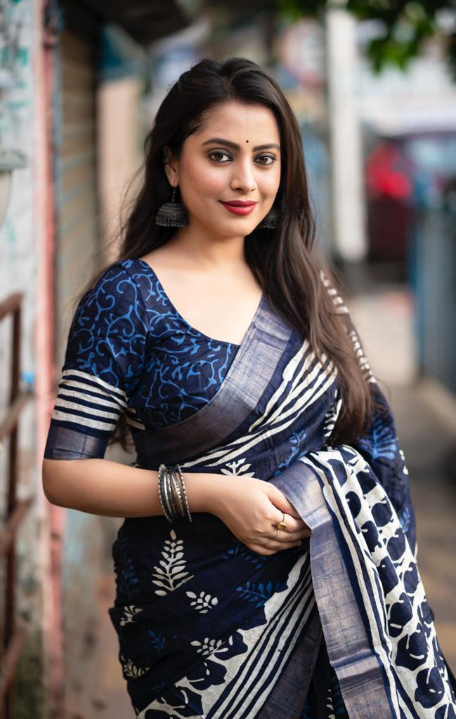 Indigo Batik Print Slub Silk Saree