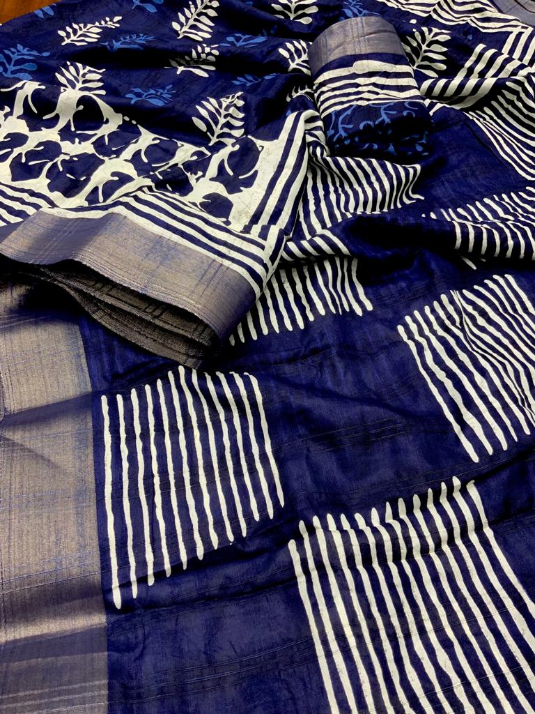 Indigo Batik Print Slub Silk Saree