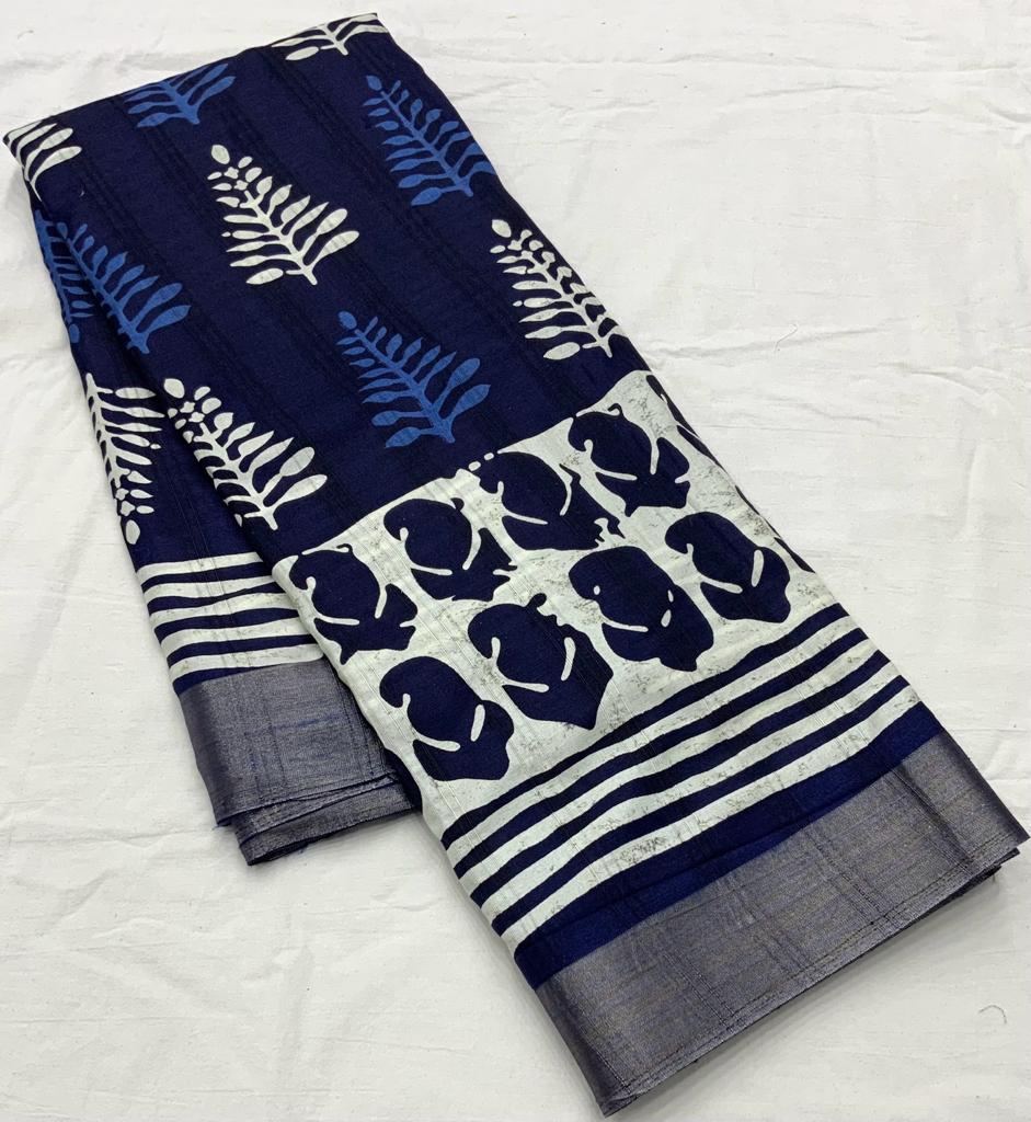 Indigo Batik Print Slub Silk Saree