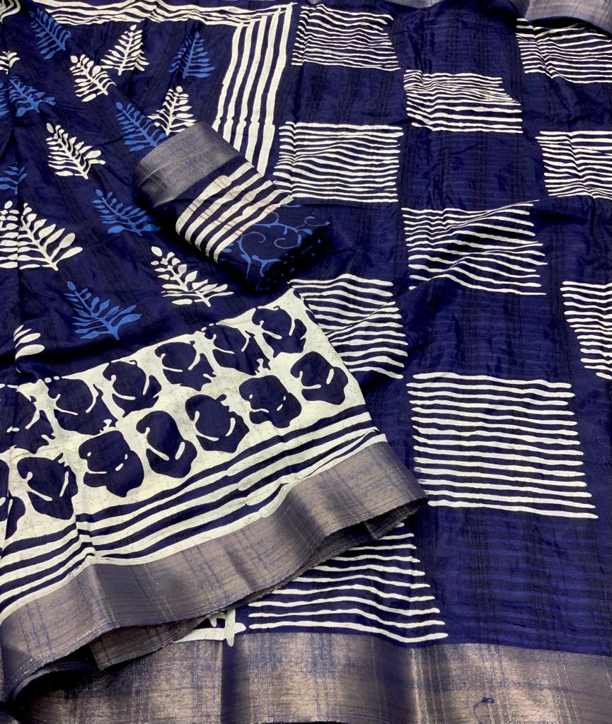 Indigo Batik Print Slub Silk Saree