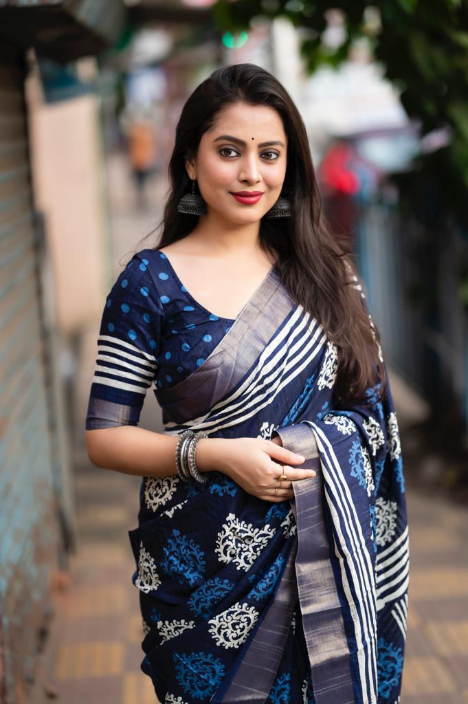 Indigo Batik Print Slub Silk Saree