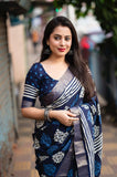 Indigo Batik Print Slub Silk Saree