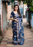 Indigo Batik Print Slub Silk Saree