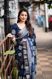 Indigo Batik Print Slub Silk Saree