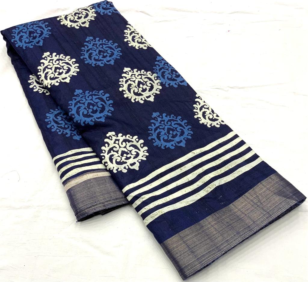 Indigo Batik Print Slub Silk Saree