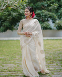 Linen zari saree with heavy brouch design golden zari