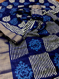 Indigo Batik Print Slub Silk Saree