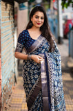 Indigo Batik Print Slub Silk Saree