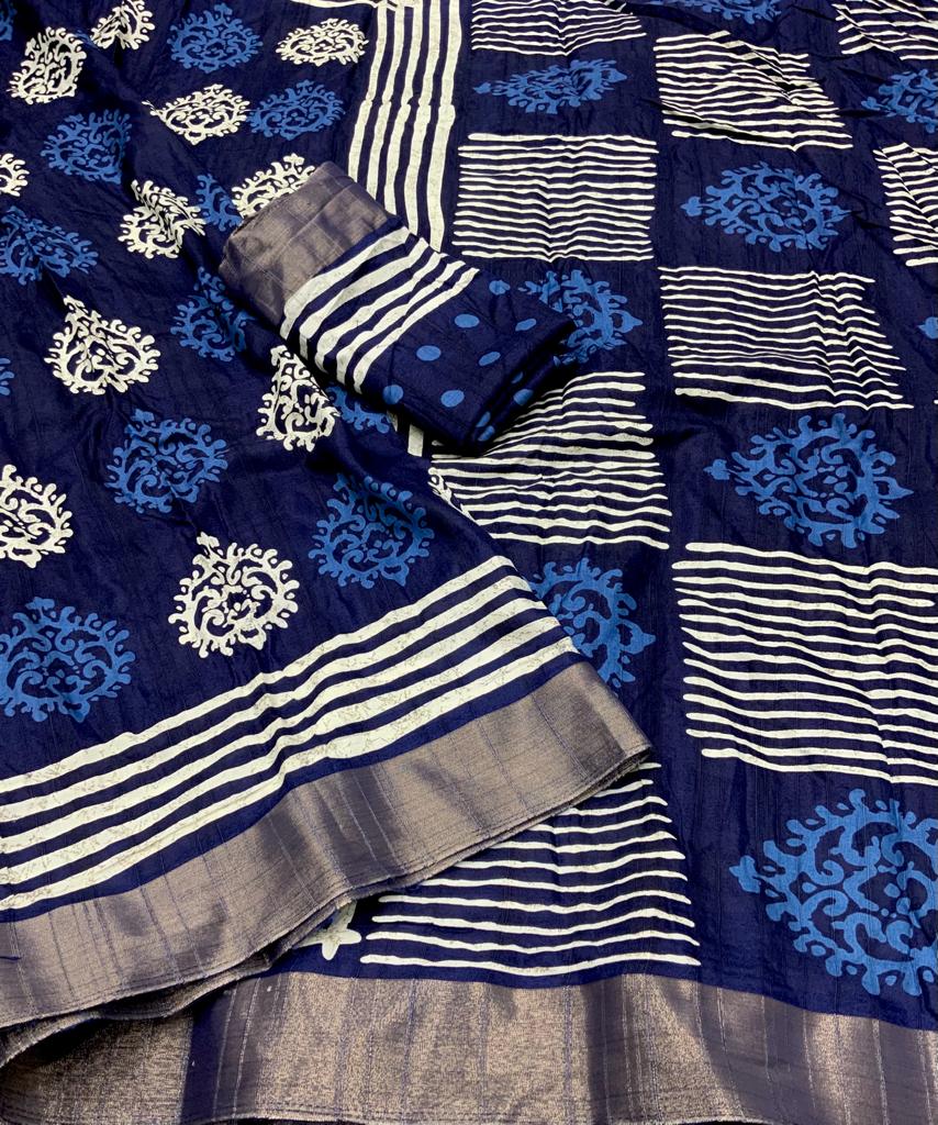 Indigo Batik Print Slub Silk Saree