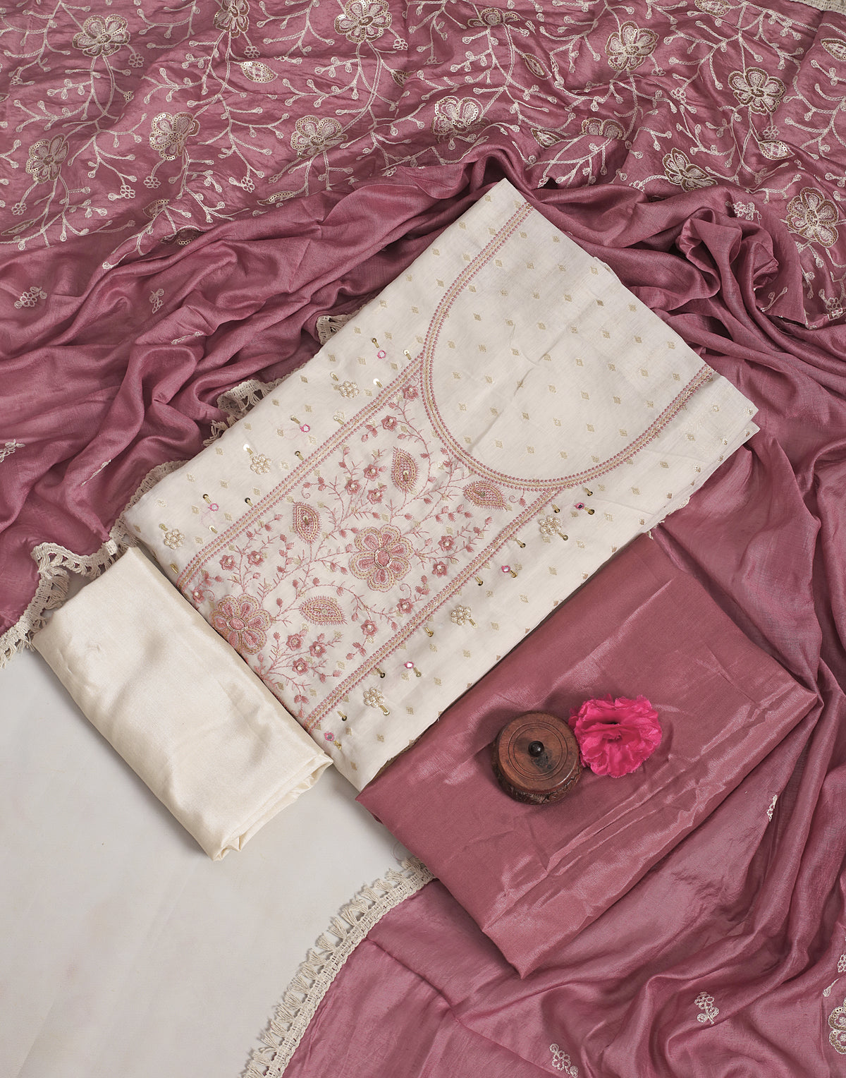 Dusty Pink Modal Butti Unstitched Salwar Suit With Chanderi Dupatta