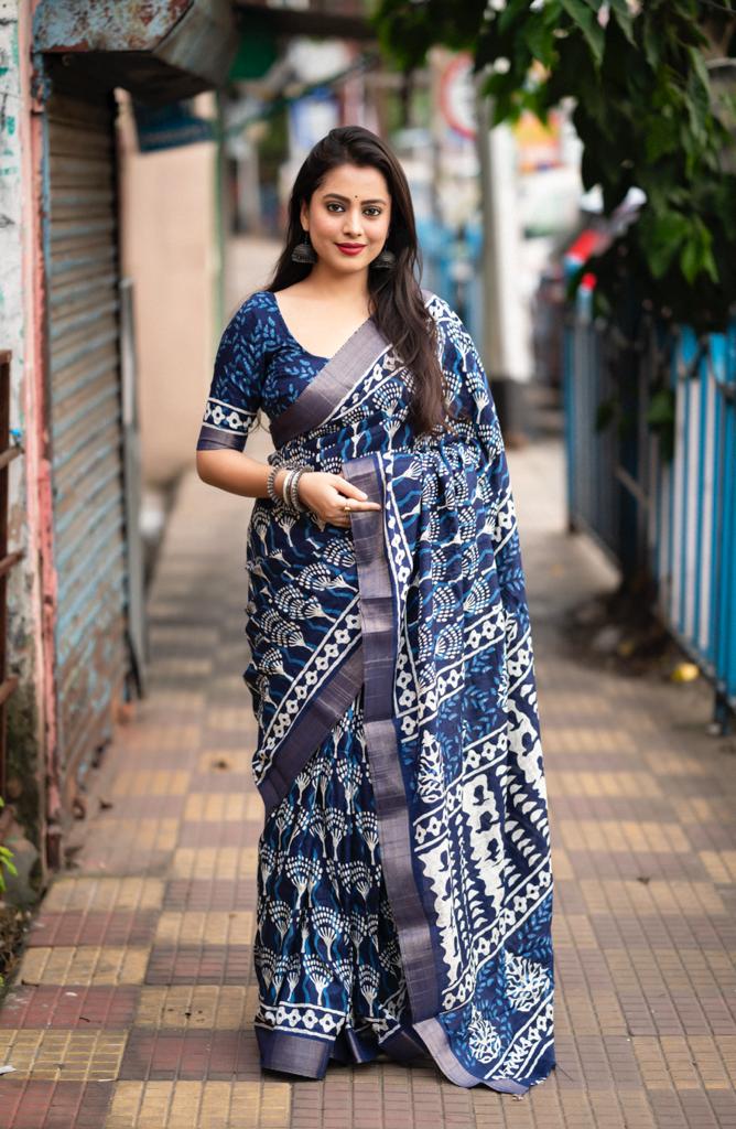 Indigo Batik Print Slub Silk Saree