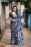 Indigo Batik Print Slub Silk Saree