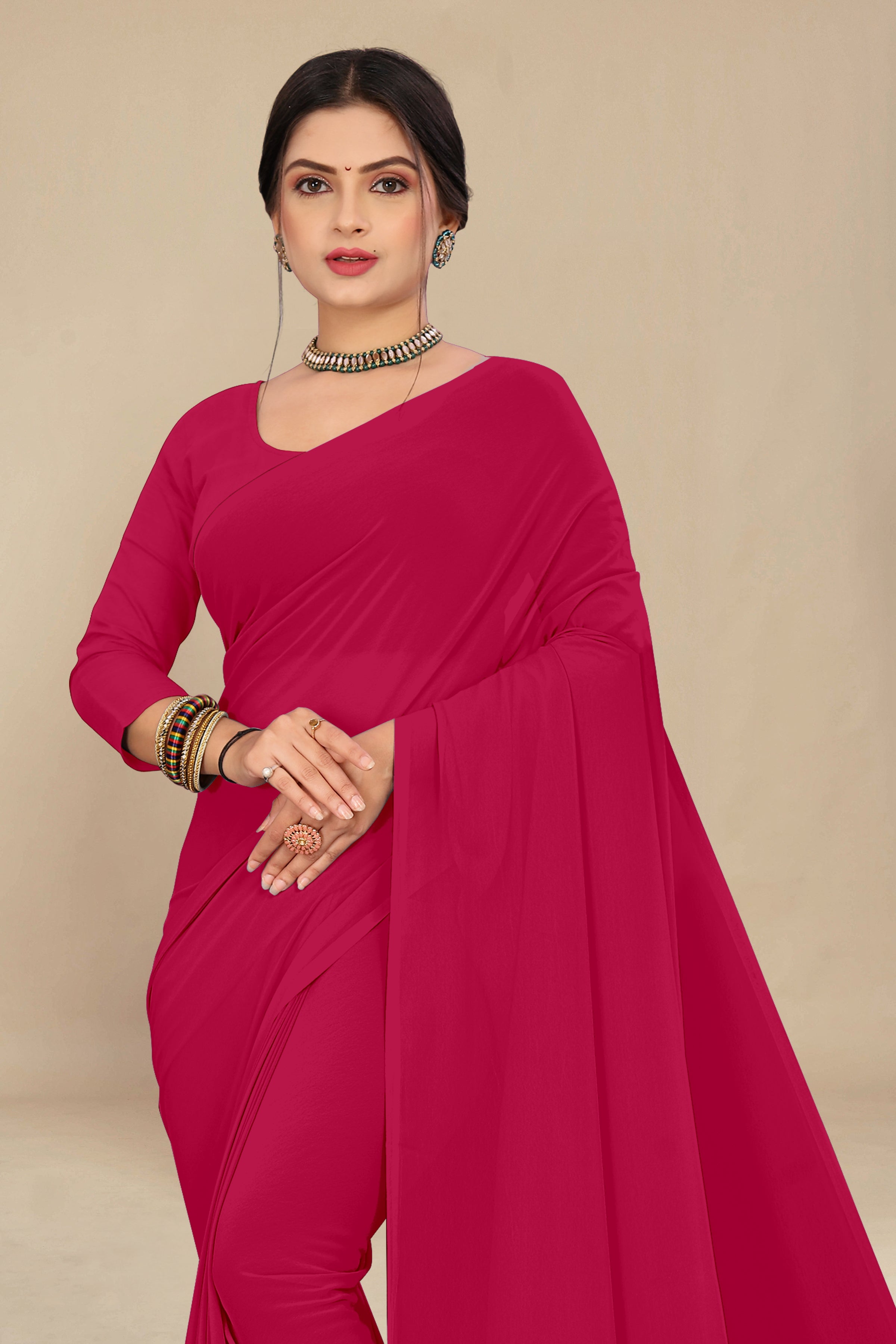 georgette weightless carrot pink saree with grain texture