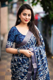 Indigo Batik Print Slub Silk Saree