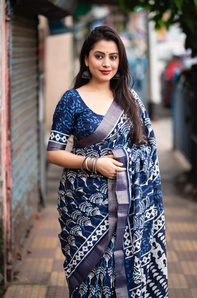 Indigo Batik Print Slub Silk Saree