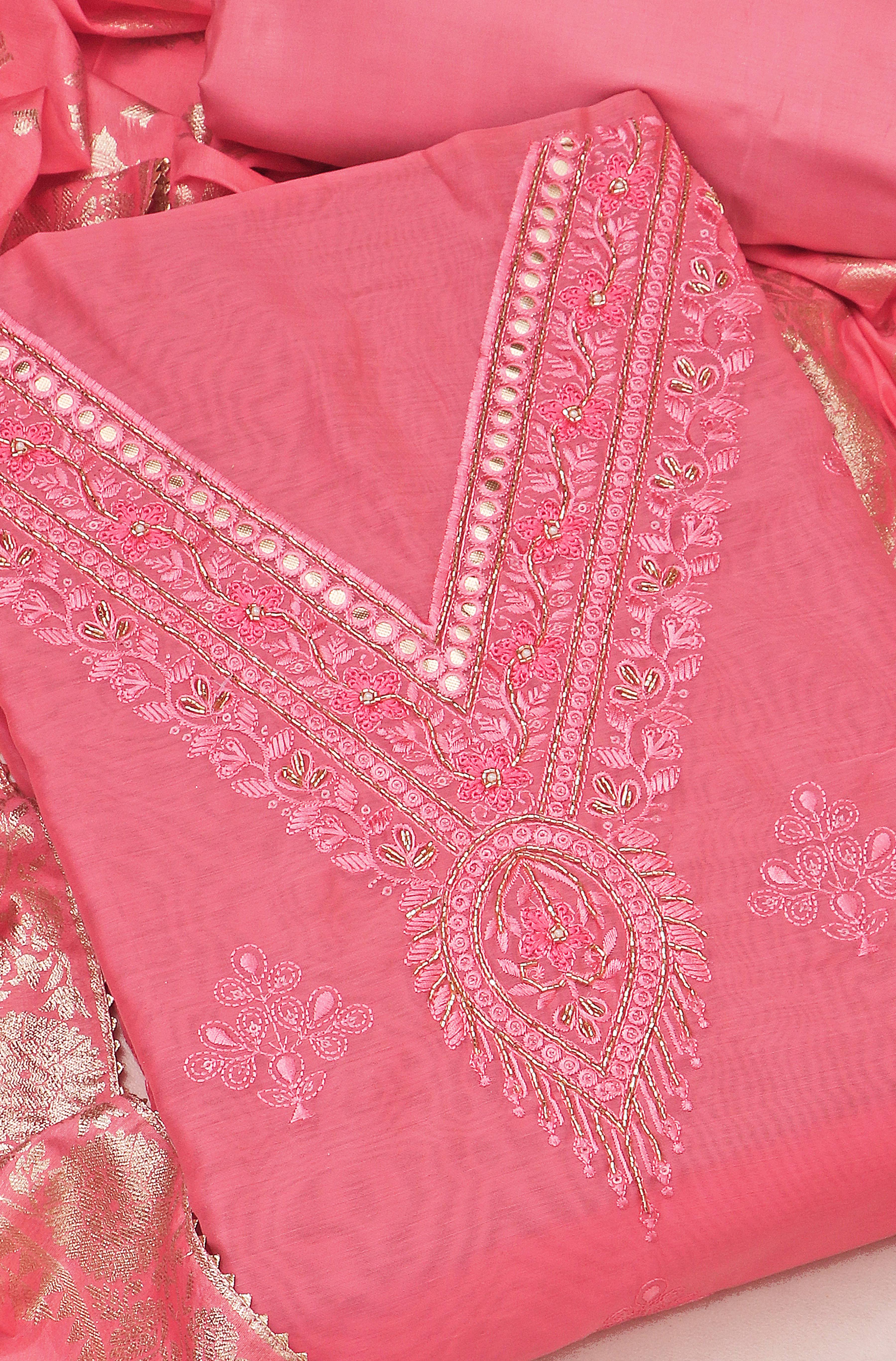 Pink Chanderi V Neck Unstitched Salwar Suit With Jacquard Dupatta