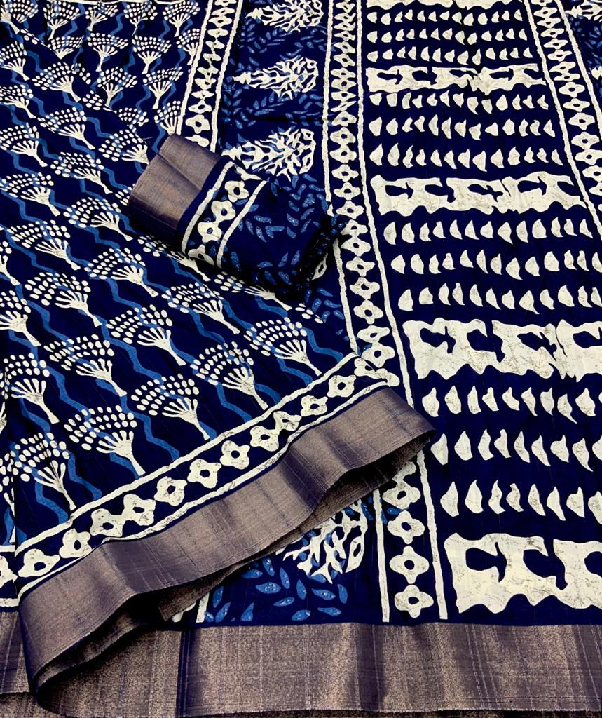 Indigo Batik Print Slub Silk Saree