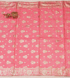 Pink Chanderi V Neck Unstitched Salwar Suit With Jacquard Dupatta