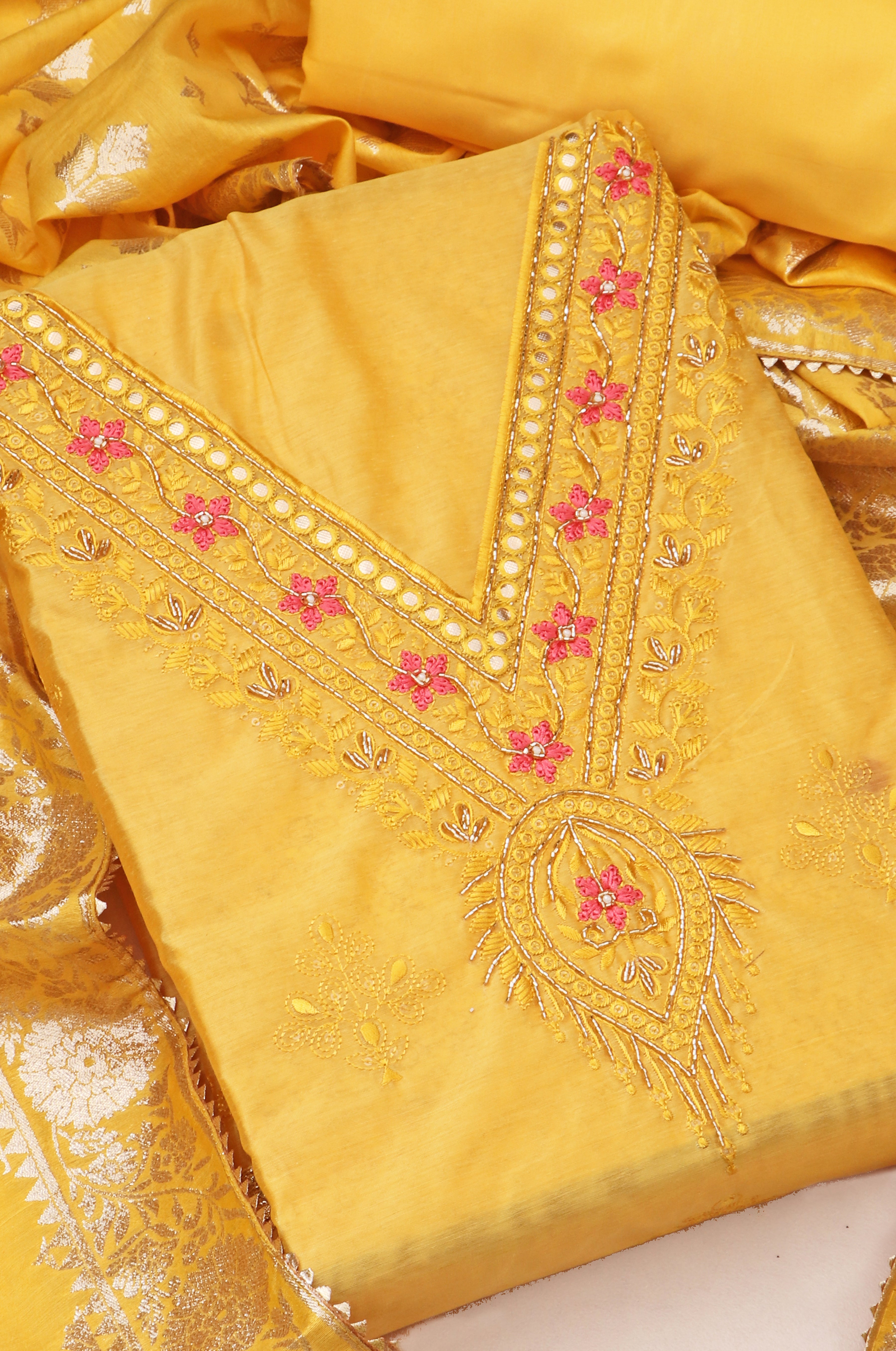 Yellow Chanderi V Neck Unstitched Salwar Suit With Jacquard Dupatta