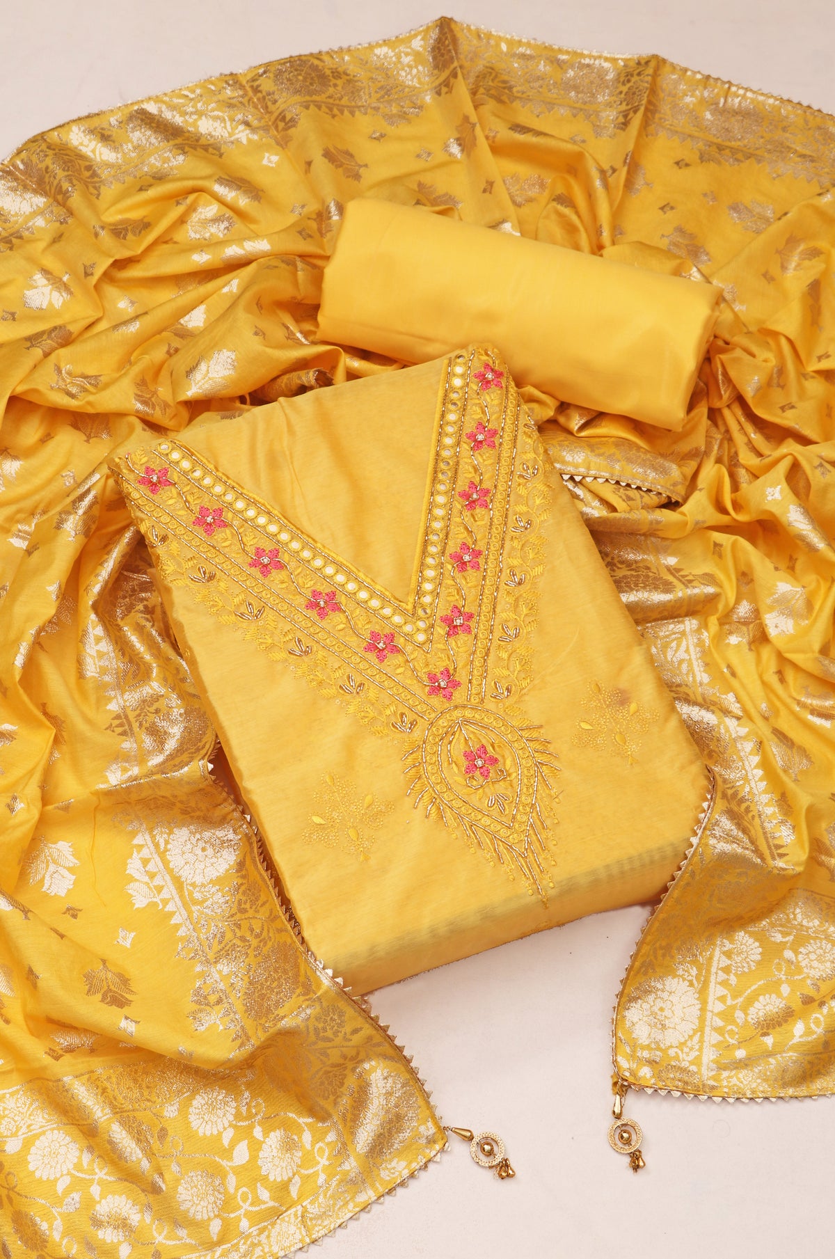 Yellow Chanderi V Neck Unstitched Salwar Suit With Jacquard Dupatta