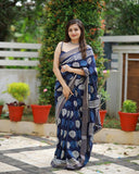 Indigo Batik Print Slub Silk Saree