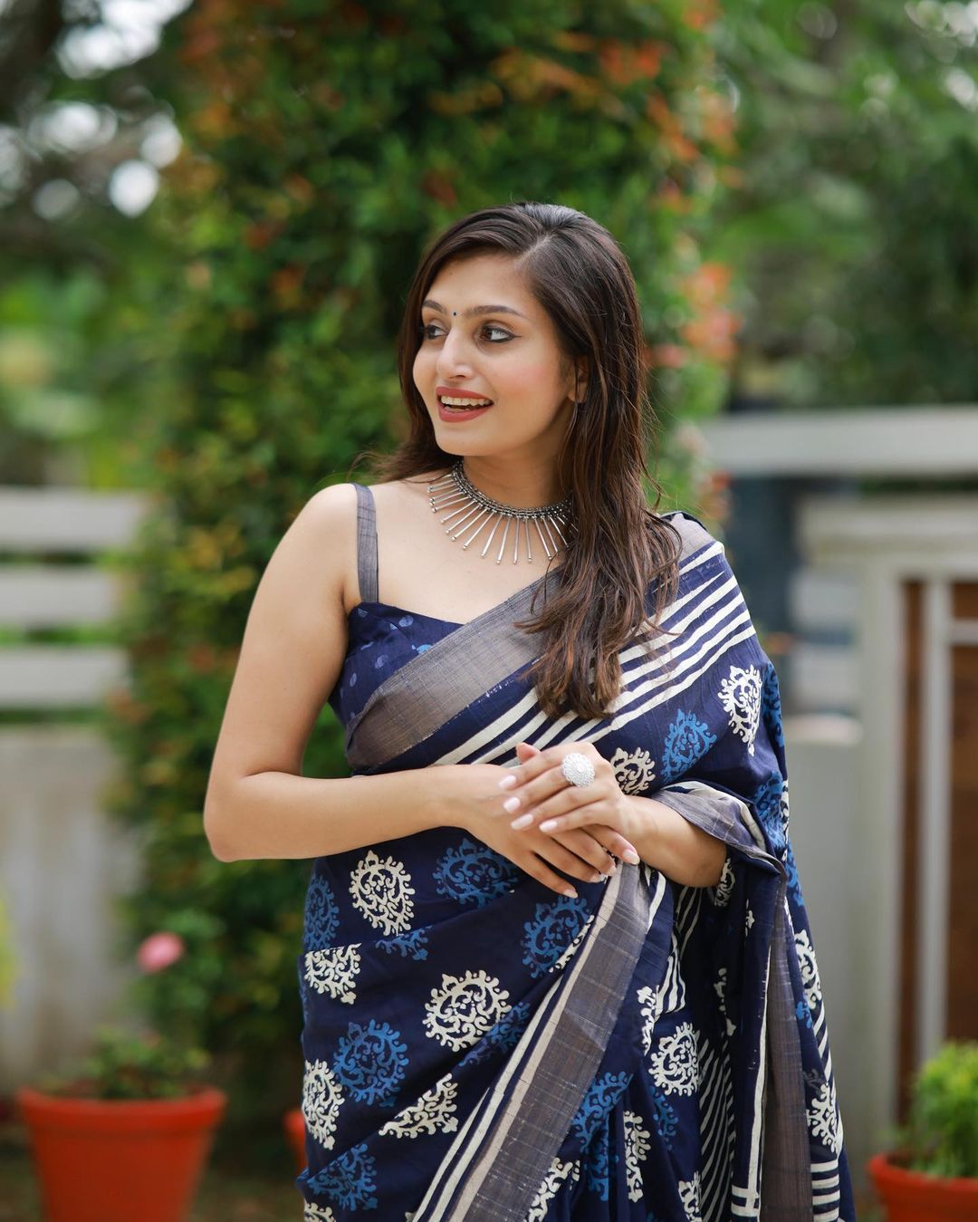 Indigo Batik Print Slub Silk Saree