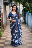 Indigo Batik Print Slub Silk Saree