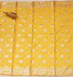 Yellow Chanderi V Neck Unstitched Salwar Suit With Jacquard Dupatta