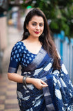 Indigo Batik Print Slub Silk Saree